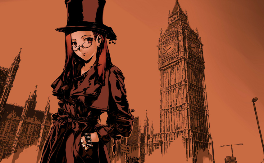 1girl bracelet coat collarbone elizabeth_tower glasses hands_in_pockets hat highres jewelry jian_huang long_hair looking_to_the_side monochrome top_hat westminster_palace
