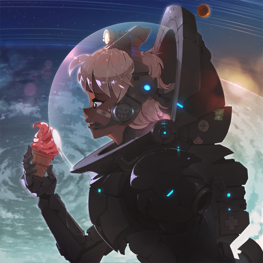 1girl astronaut bandaid bandaid_on_face bangs blue_eyes clouds cowboy_bebop dark_skin failure food from_side headset helmet highres holding_food ice_cream ice_cream_cone lips neon_trim nose original parted_lips planet planetary_ring rtil short_hair silver_hair solo space space_helmet spacesuit star_(sky) sticker sweatdrop