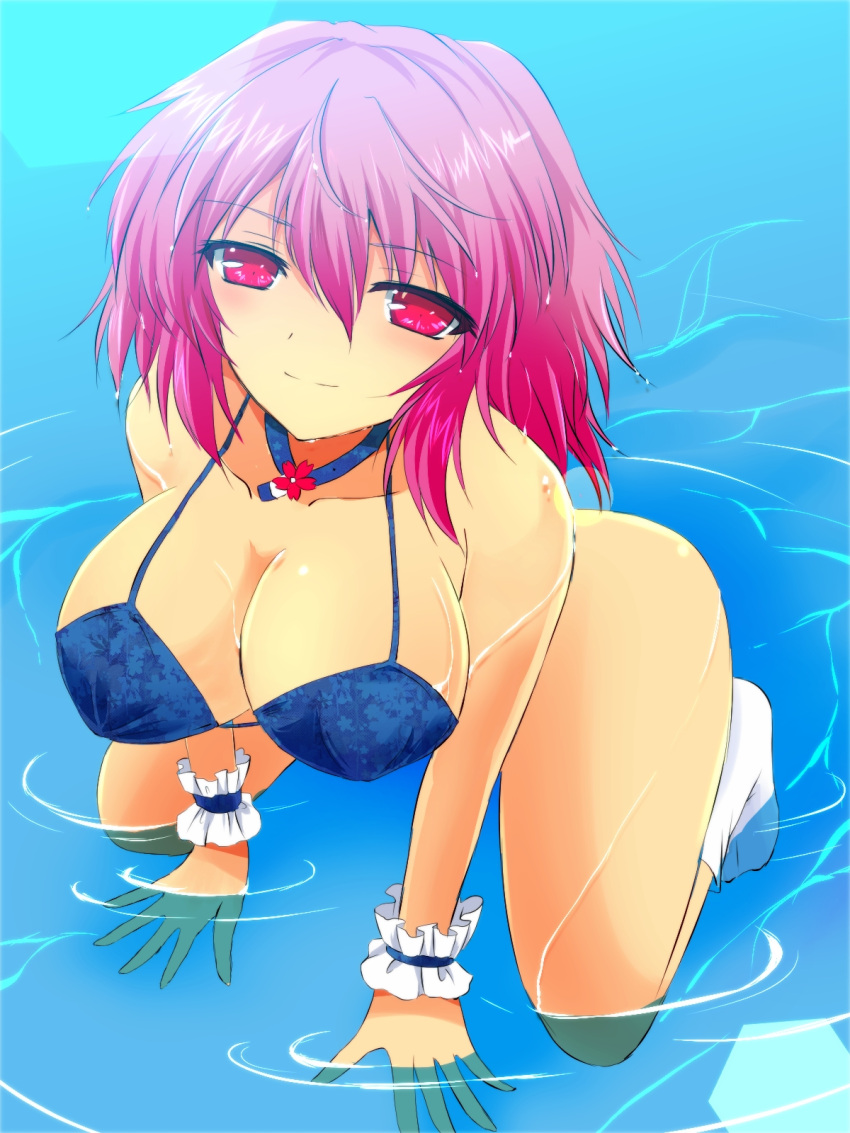 1girl bikini breasts cleavage highres large_breasts looking_at_viewer nekominase partially_submerged pink_eyes pink_hair ribbon saigyouji_yuyuko short_hair smile solo swimsuit touhou