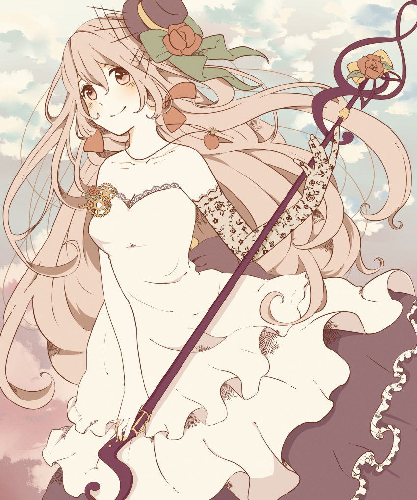 1girl absurdres bow clouds dress elbow_gloves flower food fruit gears gloves greek_mythology hair_bow hat highres long_hair persephone_(mythology) pink_hair pomegranate pote_ua rose smile solo staff white_dress
