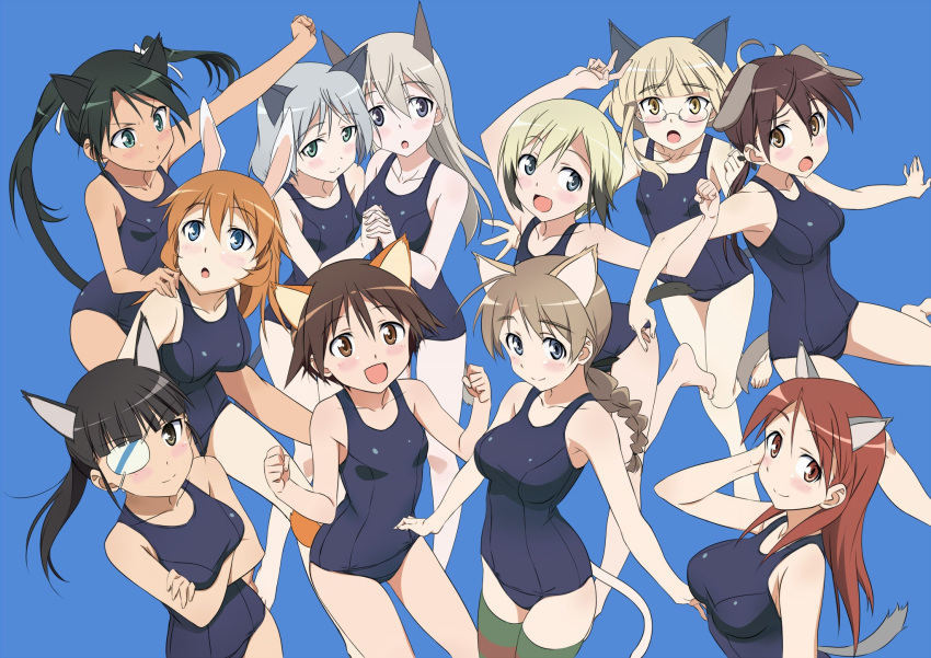 501st_joint_fighter_wing 6+girls :d :o alternate_costume animal_ears bare_shoulders black_hair blonde_hair blue_background blue_eyes blush braid breasts brown_eyes brown_hair cat_ears cat_tail charlotte_e_yeager collarbone crossed_arms dog_ears dog_tail eila_ilmatar_juutilainen erica_hartmann everyone eyepatch francesca_lucchini gertrud_barkhorn glasses green_eyes green_hair highres large_breasts long_hair looking_at_viewer lynette_bishop magu_(syu_uhei) matching_outfit minna-dietlinde_wilcke miyafuji_yoshika multicolored_hair multiple_girls old_school_swimsuit open_mouth orange_eyes orange_hair perrine_h_clostermann ponytail rabbit_ears redhead sakamoto_mio sanya_v_litvyak school_swimsuit shiny shiny_clothes shiny_hair short_hair silver_hair simple_background single_braid smile strike_witches striped striped_legwear swimsuit tail thigh-highs twintails two-tone_hair yellow_eyes