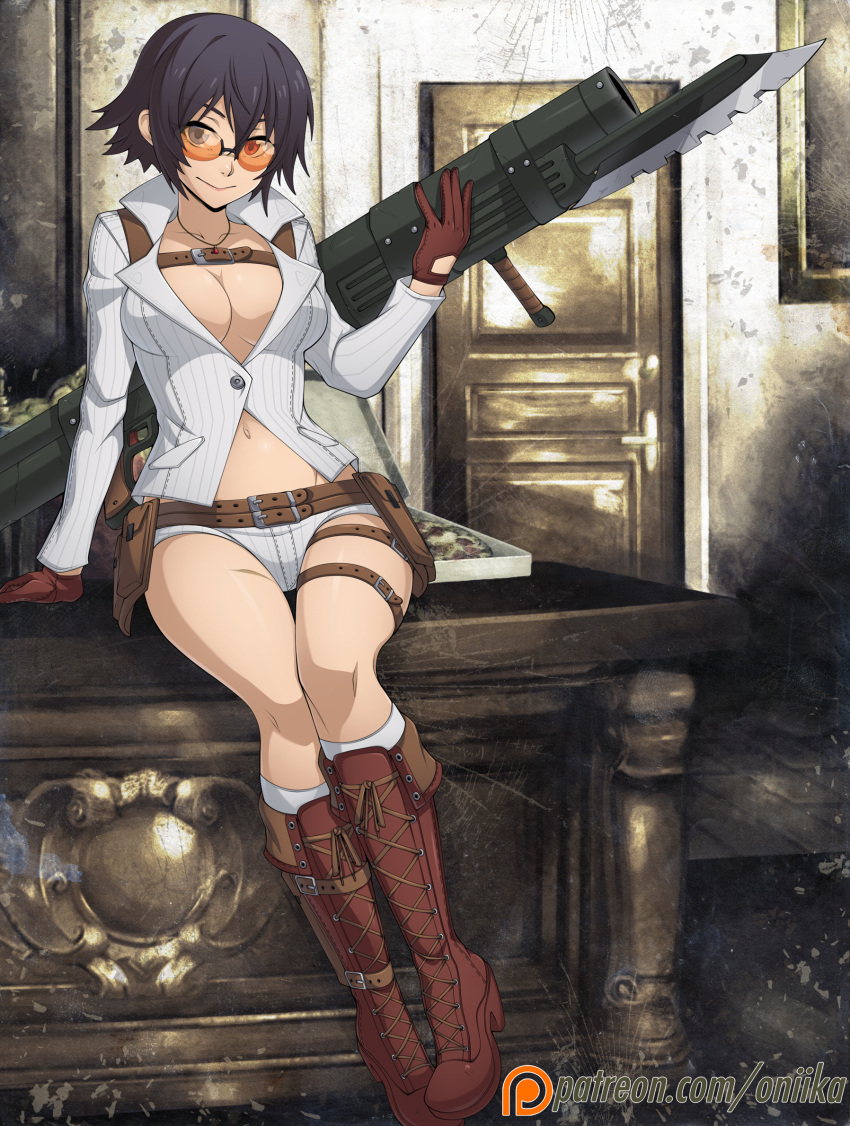 1girl armpit_holster bayonet bazooka black_hair blue_eyes boots breasts brown_gloves cleavage cross-laced_footwear desk devil_may_cry devil_may_cry_4 glasses gloves heterochromia highres holster knee_boots kneehighs lace-up_boots lady_(devil_may_cry) large_breasts navel no_bra red_eyes rimless_glasses scar shooting_glasses short_hair short_shorts shorts sitting smile solo spike_wible sunglasses thigh_gap watermark weapon web_address