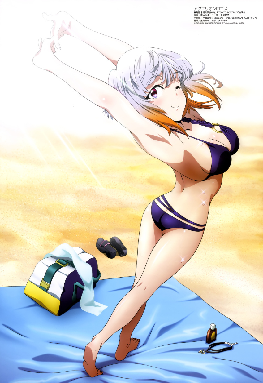 1girl absurdres aquarion_logos bad_proportions beach bikini breasts cleavage feet highres legs megami multicolored_hair official_art one_eye_closed orange_hair poorly_drawn quality red_eyes silver_hair smile solo swimsuit tanaka_saki towel tsukigane_maia