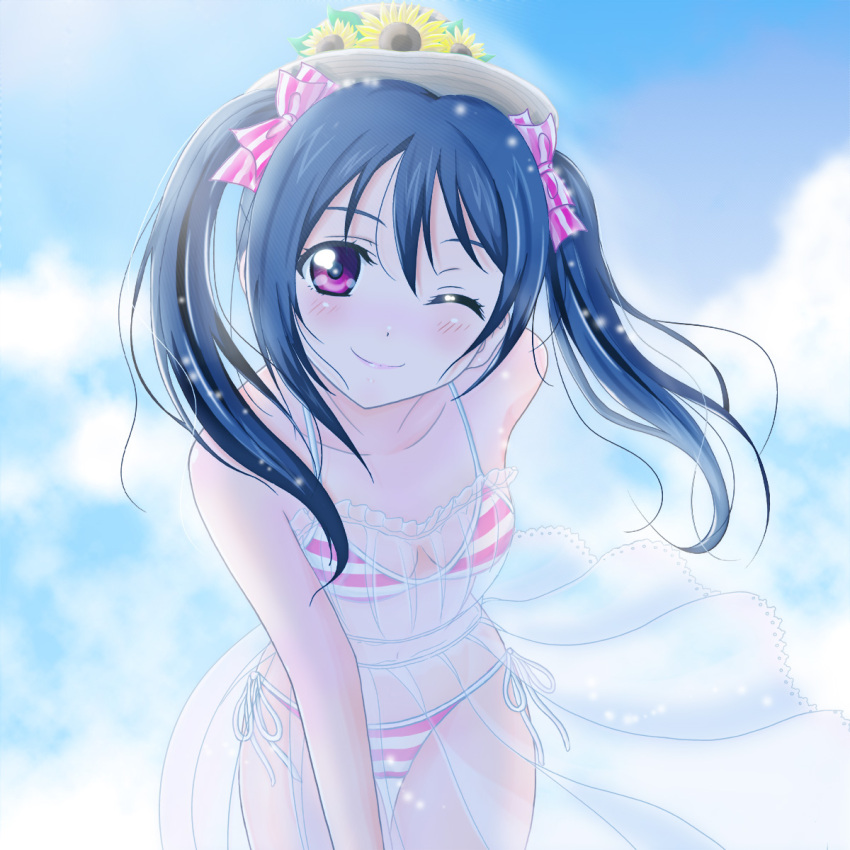 1girl bikini black_hair h.i.t_(59-18-45) hat highres love_live!_school_idol_project md5_mismatch one_eye_closed red_eyes see-through smile solo striped striped_bikini striped_swimsuit swimsuit twintails yazawa_nico