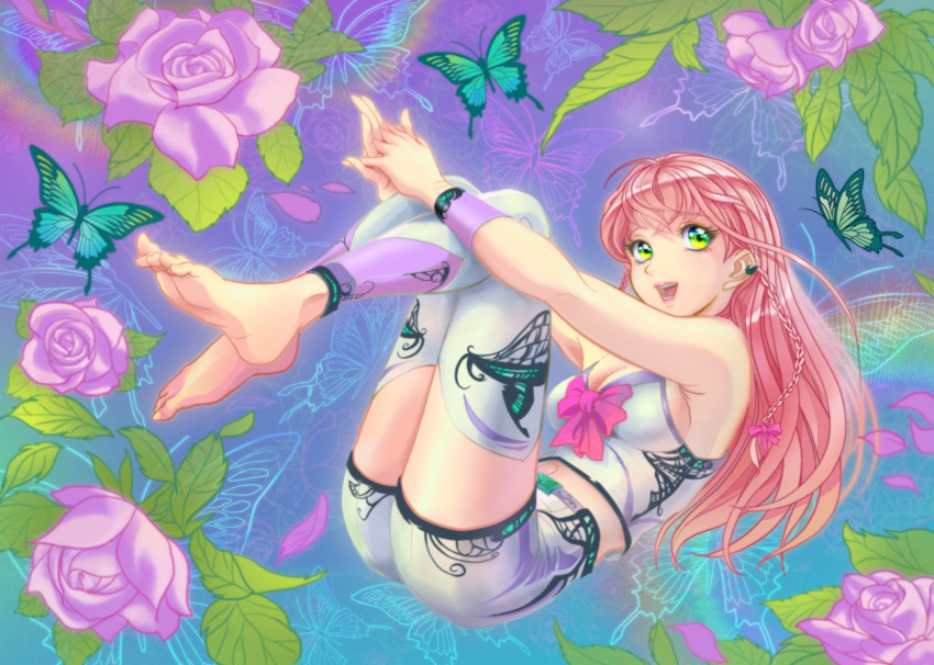 1girl bare_shoulders barefoot braid breasts butterfly cleavage earrings feet fetal_position flower highres interlocked_fingers jewelry lipstick mai_(b9035796) makeup original pink_hair rose shorts smile soles solo thigh-highs toes