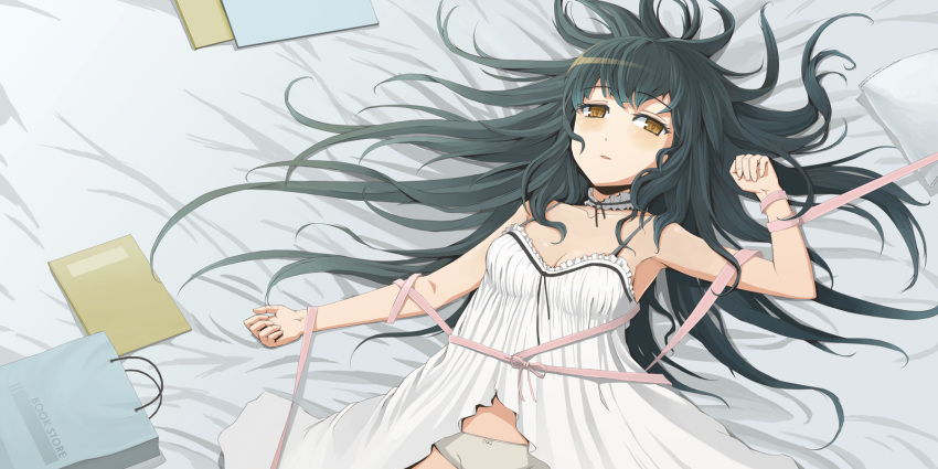 1girl bed black_hair book bow bow_panties breasts choker cleavage dress folder highres jchoy lying on_back original panties ribbon solo underwear white_dress yellow_eyes