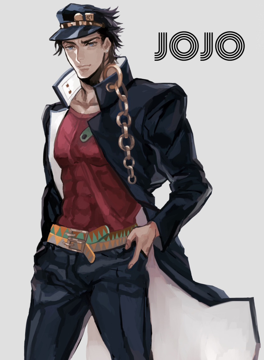 1boy black_hair blue_eyes chain cowboy_shot earrings gakuran hand_in_pocket hat highres jewelry jojo_no_kimyou_na_bouken kuujou_joutarou raised_eyebrow school_uniform solo supocon