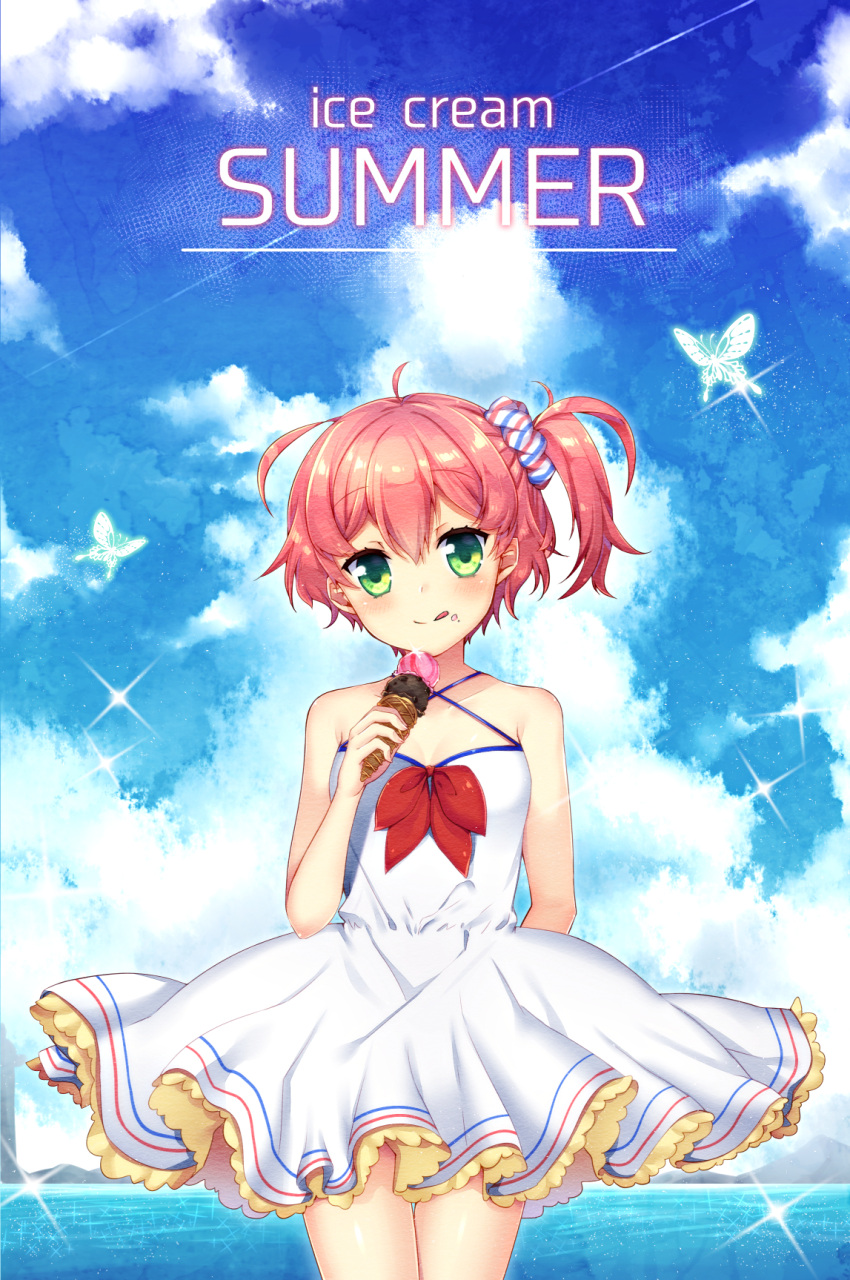 1girl :p bare_shoulders blush butterfly dress english green_eyes highres ice_cream_cone kirasaki original pink_hair short_hair side_ponytail sky smile solo text tongue tongue_out water