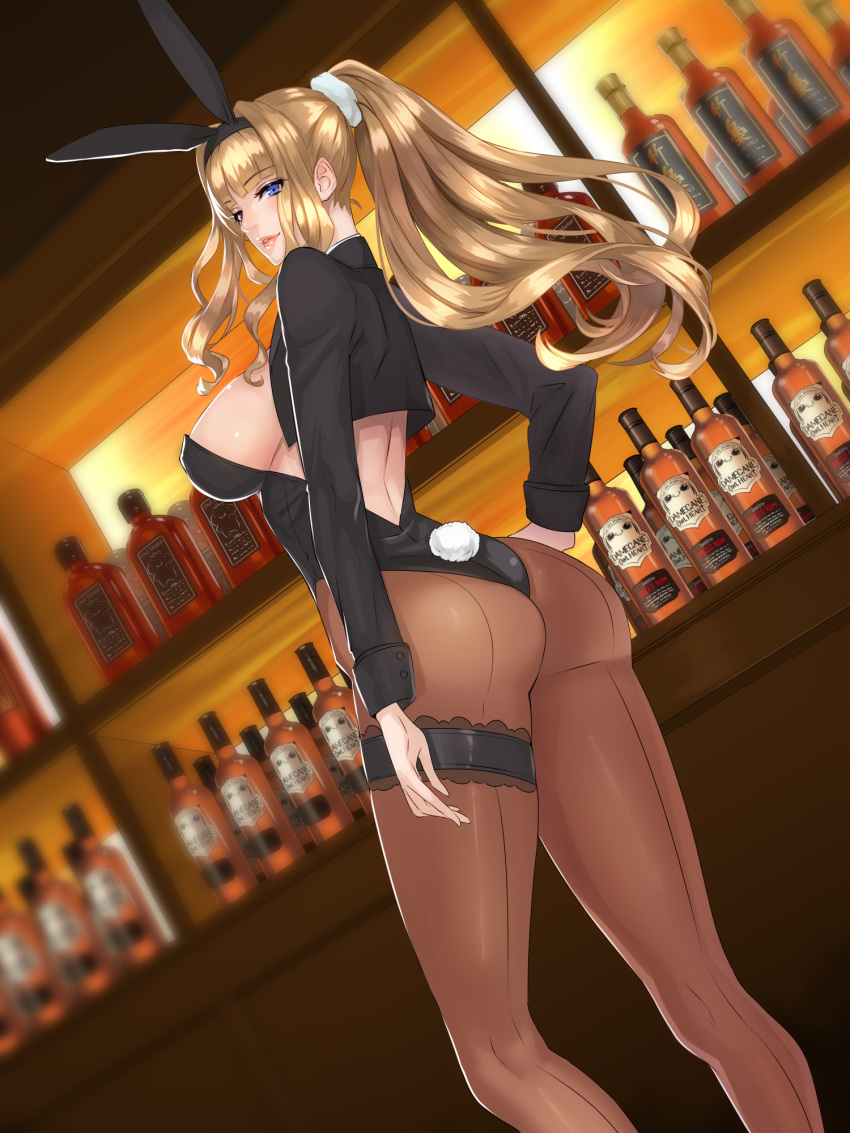 1girl alcohol animal_ears ass bar blonde_hair blue_eyes blush breasts bunny_girl bunny_tail bunnysuit daglasses fake_animal_ears hand_on_hip highres jacket large_breasts leg_garter lips long_hair looking_at_viewer pantyhose parted_lips ponytail rabbit_ears scrunchie smile solo tail wine wine_bottle wrist_cuffs