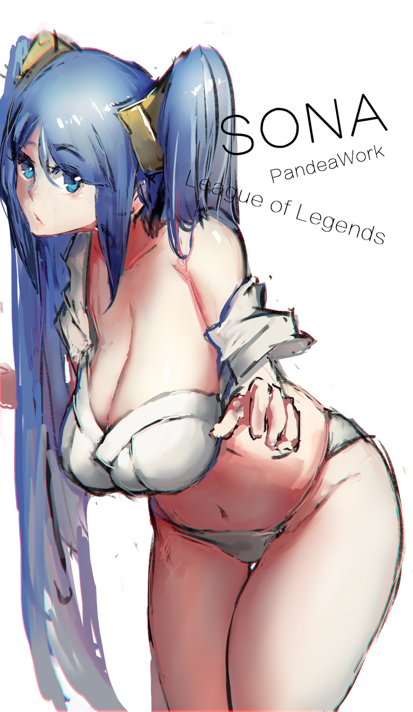 1girl artist_name blue_eyes blue_hair breasts character_name cleavage collarbone copyright_name cowboy_shot highres large_breasts league_of_legends long_hair looking_at_viewer navel simple_background sky_of_morika solo sona_buvelle twintails white_background