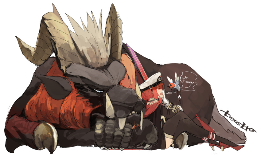1girl bird braid commentary_request crossover fletchling gloves hat high_heels hms_orion_(siirakannu) horns kantai_collection lion monster_hunter original pokemon red_eyes redhead siirakannu teostra thigh-highs uniform white_gloves wings yawning