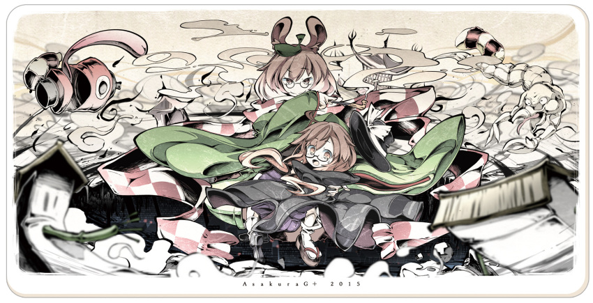 2girls animal_ears asakura_masatoki brown_eyes cape chouchin_obake futatsuiwa_mamizou glasses hat hat_ribbon highres japanese_clothes leaf leaf_on_head multiple_girls raccoon_ears ribbon scarf touhou usami_sumireko wide_sleeves