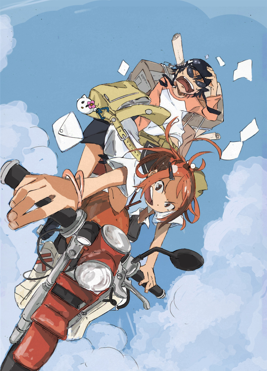 1boy 1girl antenna_hair bag bag_charm bandana black_hair boots box bracelet brown_eyes clouds commentary_request foreshortening from_below highres jewelry mail motor_vehicle motorcycle nagaoka_taichi open_mouth original paper redhead riding school_bag short_sleeves sketch sky sleeves_folded_up sunglasses vehicle