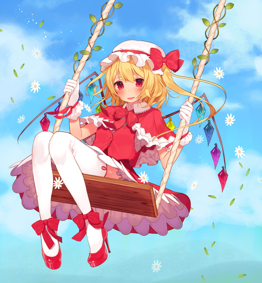 1girl absurdres blonde_hair blush bow capelet dress flandre_scarlet flower gloves hat hat_bow high_heels highres looking_at_another misoni_comi mob_cap red_eyes solo swing thigh-highs touhou vines white_gloves white_legwear wings