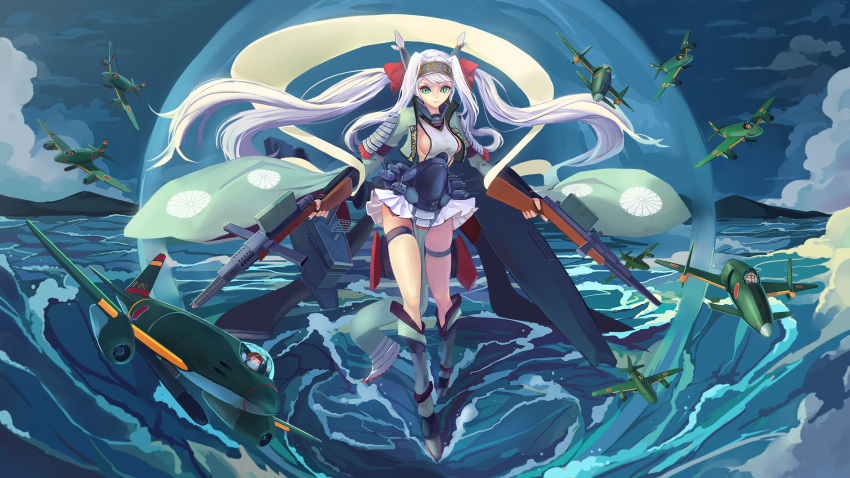 airplane bow_(weapon) breasts commentary_request crossbow fighter_jet flight_deck hakuryuu_(carrier) highres jet kantai_collection long_hair original personification remodel_(kantai_collection) sideboob sima_naoteng twintails two_side_up very_long_hair weapon white_hair world_of_warships yokosuka_r2y2