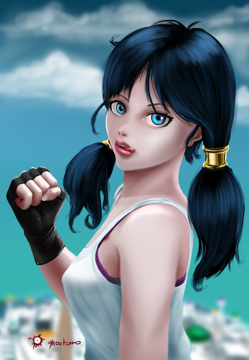 1girl :q absurdres artist_name black_gloves black_hair blue_eyes bra cityscape clenched_hand dragon_ball dragon_ball_z fingerless_gloves from_side ghostcero gloves hair_tubes highres lingerie lips looking_at_viewer low_twintails parted_lips purple_bra shirt sleeveless sleeveless_shirt solo tank_top tongue tongue_out twintails underwear upper_body videl white_shirt
