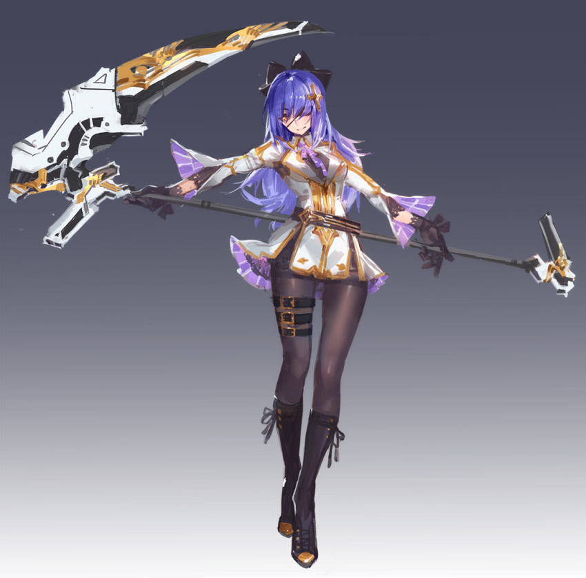 1girl black_gloves black_legwear blue_hair boots bow eyepatch full_body gloves gradient gradient_background hair_bow hair_ornament hair_over_one_eye holding_weapon kishiyo long_hair looking_at_viewer original pantyhose scythe smile solo thigh_strap yellow_eyes