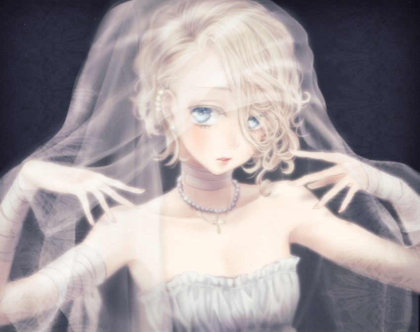 1boy bandages bare_shoulders blonde_hair blue_eyes bridal_veil cross crossdressinging dress earrings jewelry necktie original otoko_no_ko shino_(syllable) short_hair veil wedding_dress