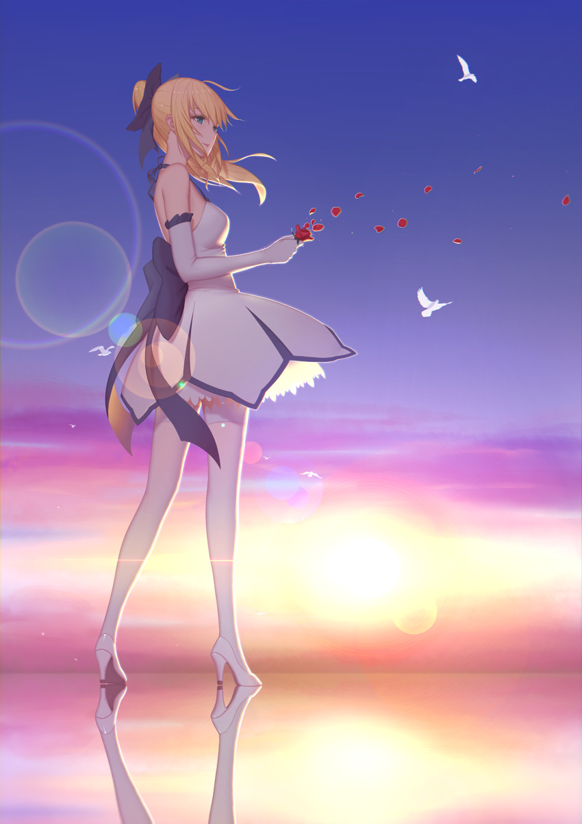 1girl ahoge bare_shoulders blonde_hair dress elbow_gloves fate/stay_night fate/unlimited_codes fate_(series) gloves green_eyes hair_ribbon high_heels highres long_hair maredoro petals ponytail ribbon saber shoes skirt smile solo thigh-highs white_dress white_gloves white_legwear