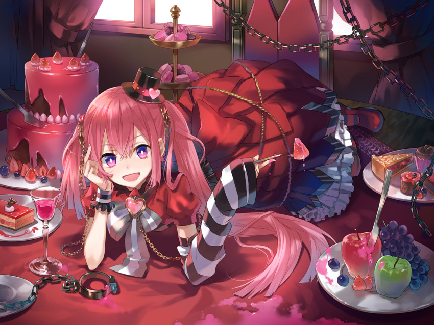 1girl :d all_fours apple asymmetrical_hair blueberry blush bokura_wa_mahou_shoujo_no_naka chain chair cuffs cup cupcake curtains detached_sleeves dress eihi food fork fruit grapes hand_on_own_cheek handcuffs hat_ornament heart indoors knife macaron mini_hat on_table open_mouth pink_eyes plate puffy_short_sleeves puffy_sleeves red red_dress red_shoes redhead shoes short_sleeves slice_of_pie smile solo strawberry striped_sleeves table tablecloth tiered_tray window wine_glass