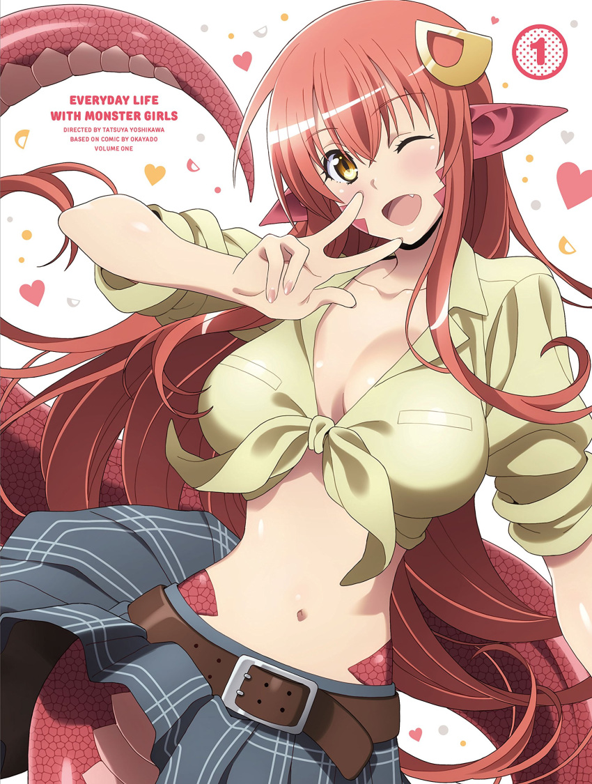 1girl absurdres belt blush breasts cowboy_shot fang hair_ornament highres lamia long_hair looking_at_viewer miia_(monster_musume) monster_girl monster_musume_no_iru_nichijou navel official_art one_eye_closed pointy_ears redhead shirt simple_background skirt sleeves_rolled_up slit_pupils smile solo tail tied_shirt v very_long_hair white_background yellow_eyes