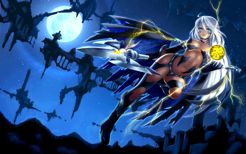 black_gloves blue_eyes breasts cape cleavage dark_skin electricity floating_island gloves long_hair looking_at_viewer midriff moon navel night night_sky open_mouth original polearm silver_hair sky torn_clothes trident very_long_hair weapon zenzaio72