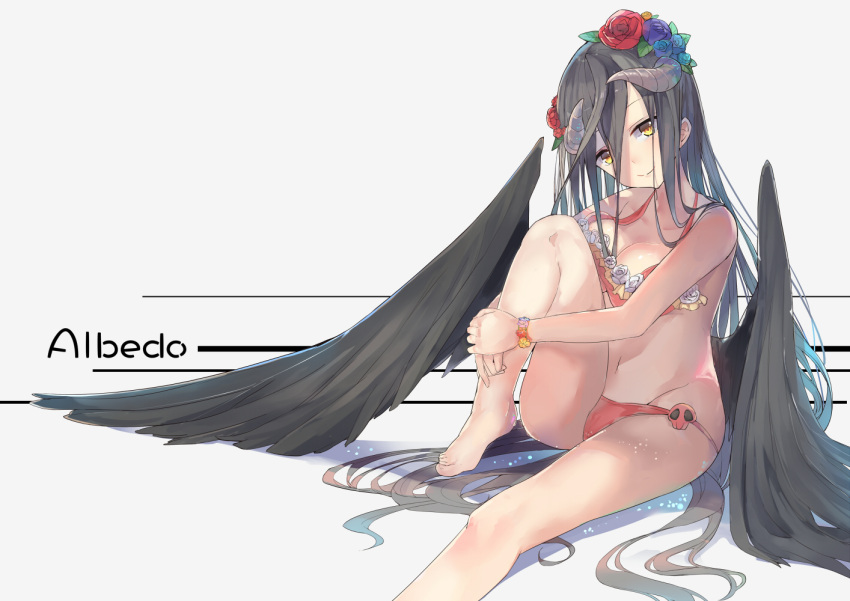 1girl albedo barefoot bikini black_hair black_wings breasts character_name cleavage horns knee_up long_hair looking_at_viewer navel overlord_(maruyama) smile solo swimsuit wings yellow_eyes zzzzxxx2010nian