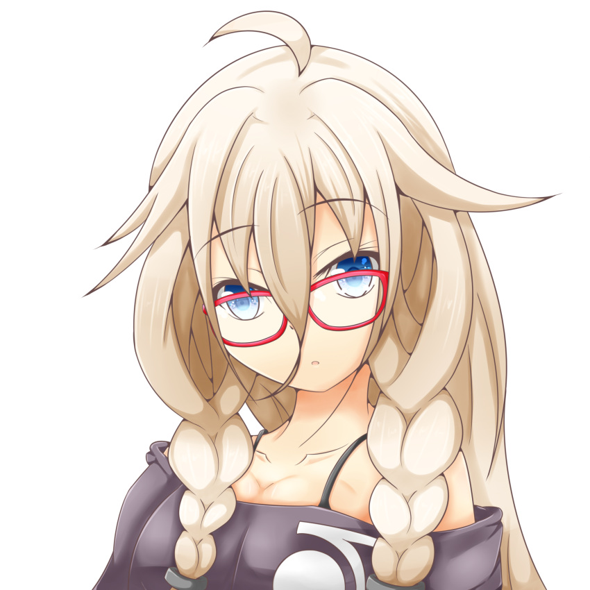 1girl ahoge blonde_hair blue_eyes braid breasts cleavage glasses highres ia_(vocaloid) kextukkii looking_at_viewer open_mouth red-framed_glasses simple_background strap twin_braids white_background