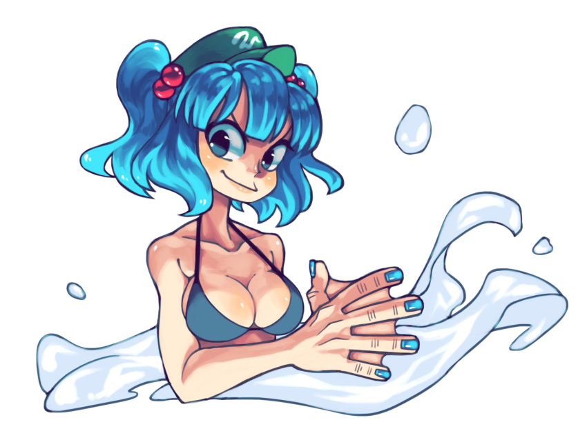 1girl bangs bikini blue_eyes blue_hair blue_nails collarbone commentary_request hair_bobbles hair_ornament hat highres kawashiro_nitori nail_polish nappooz short_hair simple_background smile solo swimsuit touhou twintails two_side_up water webbed_hands white_background