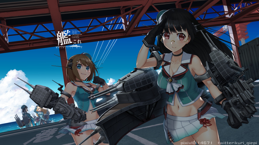 4girls atago_(kantai_collection) beret black_hair blonde_hair blue_eyes breasts brown_hair chain choker choukai_(kantai_collection) cleavage clouds collarbone condensation_trail crane glasses gloves grin hat highres kantai_collection kuri_giepi large_breasts long_hair machinery maya_(kantai_collection) mini_hat multiple_girls navel open_mouth red_eyes remodel_(kantai_collection) salute shadow smile takao_(kantai_collection) turret water