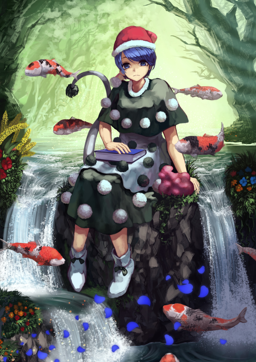 1girl berabou black_dress blob blue_eyes blue_hair bow doremy_sweet dress expressionless fish flower forest grass highres layered_dress looking_at_viewer multicolored_dress nature nightcap petals pom_pom_(clothes) shoe_bow shoes short_hair sitting sleepwear solo stream surreal tail touhou water white_dress white_shoes