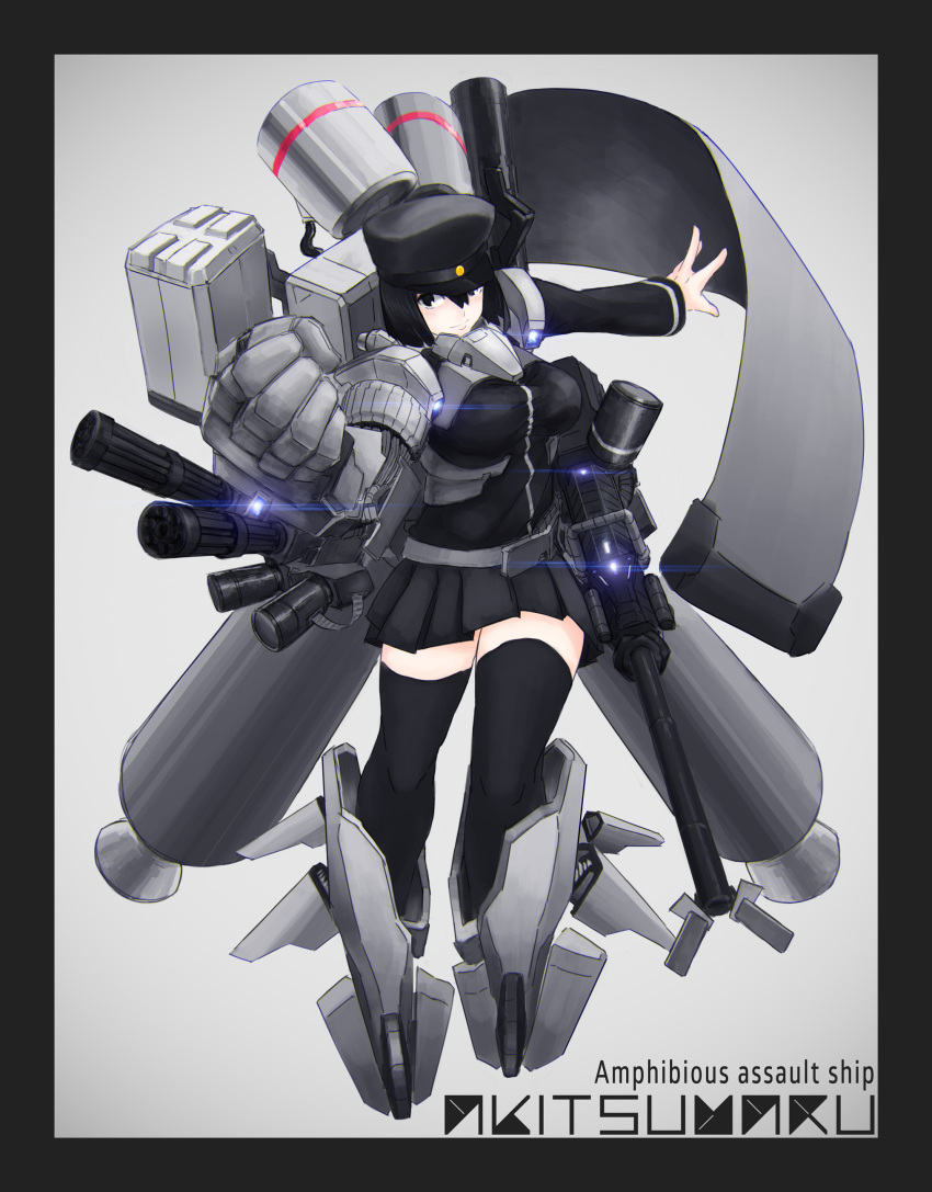 1girl absurdres akitsu_maru_(kantai_collection) black_hair cannon character_name gun hat highres kantai_collection lights ninja_neco outstretched_arm outstretched_hand power-up solo weapon