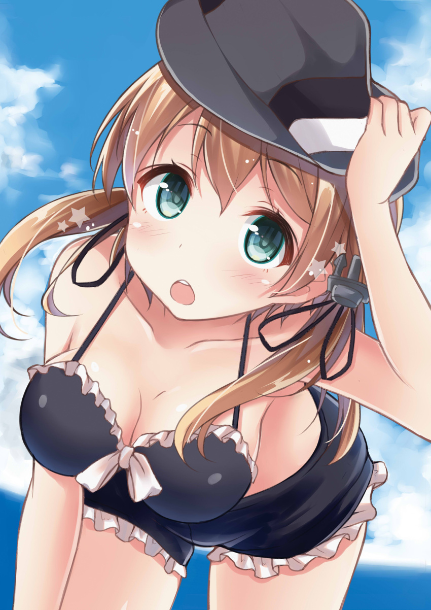 1girl absurdres anchor_hair_ornament aqua_eyes bent_over bikini black_bikini blonde_hair blush breasts cleavage frilled_bikini frills hair_ornament hat highres kantai_collection long_hair looking_at_viewer mitsuki_yuu open_mouth peaked_cap prinz_eugen_(kantai_collection) solo swimsuit twintails
