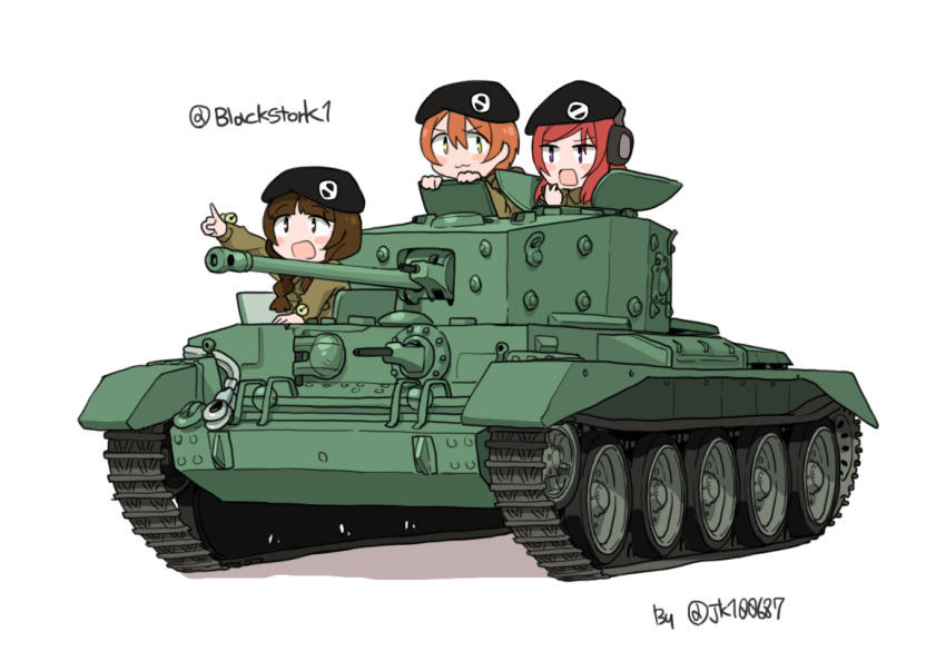 anyan_(jooho) caterpillar_tracks cromwell_(tank) hoshizora_rin love_live!_school_idol_project military military_uniform military_vehicle multiple_girls nishikino_maki open_mouth short_hair tank uniform vehicle weapon