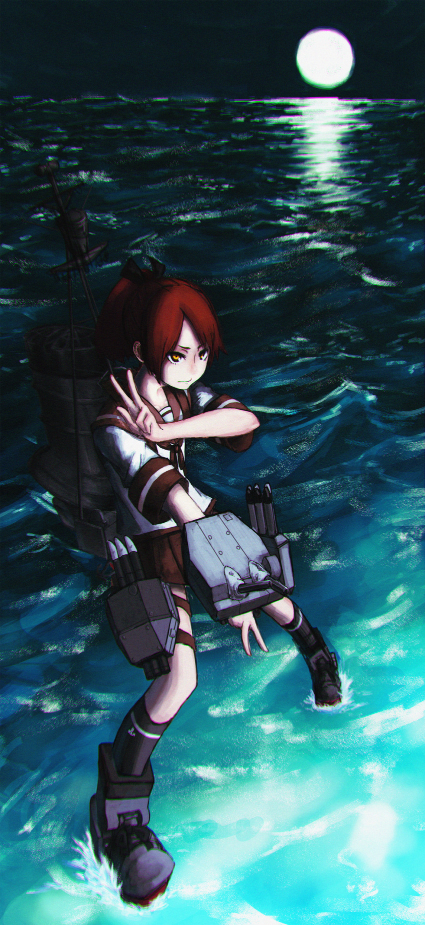 1girl absurdres cannon commentary_request full_moon highres kantai_collection moon night ninja_neco ocean shikinami_(kantai_collection) solo standing standing_on_water water weapon yellow_eyes