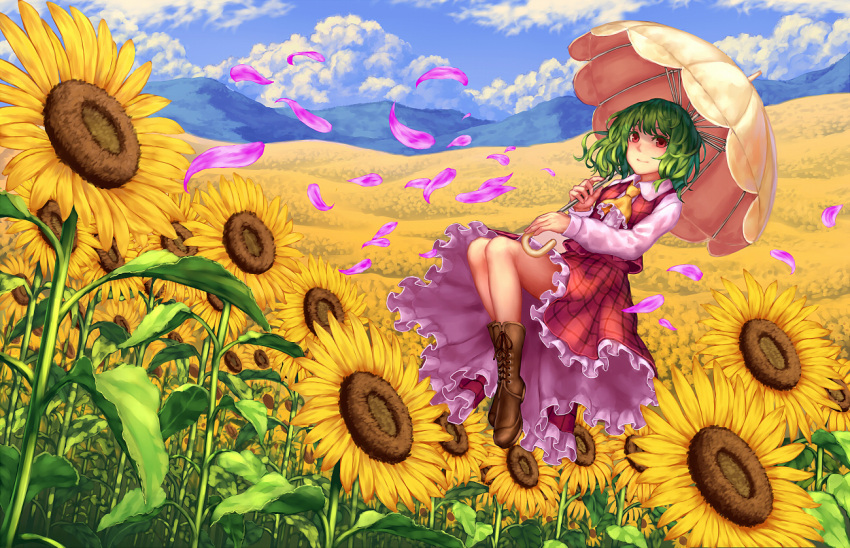 1girl ascot boots cherry_blossoms clouds cloudy_sky cross-laced_footwear floating flower green_hair kazami_yuuka long_sleeves plaid plaid_skirt plaid_vest redhead short_hair skirt sky smile solo sunflower teiraa touhou umbrella