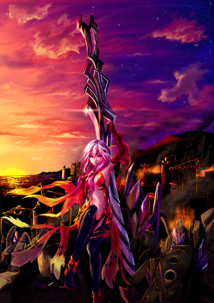 1girl absurdres aresgear_art arm_up armpits bare_shoulders black_legwear breasts center_opening cleavage detached_sleeves elbow_gloves fingerless_gloves gloves guilty_crown hair_ornament hairclip hand_on_own_chest highres long_hair looking_away navel open_mouth pink_hair red_eyes solo sunset thigh-highs twintails void_(guilty_crown) yuzuriha_inori