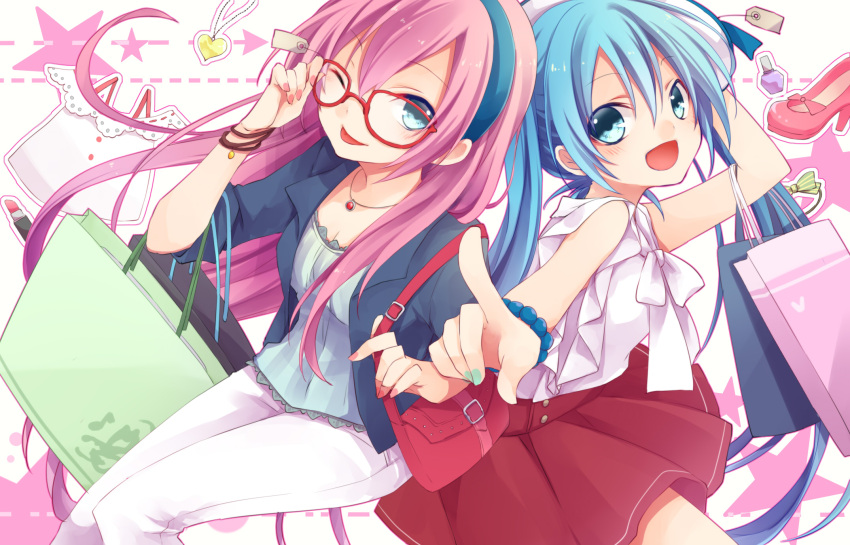 2girls :d ;p bag blue_hair bow fingernails glass glasses hairband handbag hatsune_miku highres jewelry kuroi_(liar-player) lipstick long_hair makeup megurine_luka multiple_girls nail_polish necklace one_eye_closed open_mouth pants pink_hair pointing red-framed_glasses shoes shopping_bag skirt smile tongue tongue_out vocaloid