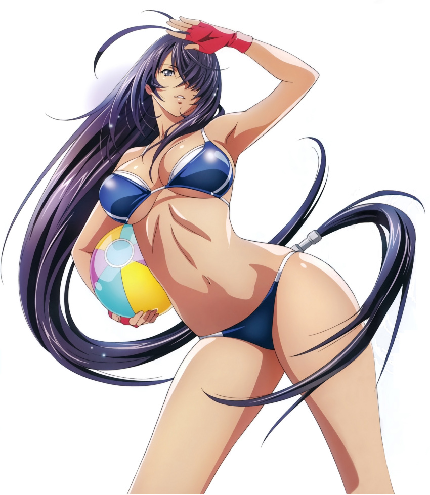 1girl absurdres arm_up artist_request ball beachball black_eyes black_hair carrying_under_arm contrapposto cowboy_shot fingerless_gloves floating_hair gloves highres ikkitousen kan'u_unchou long_hair low_ponytail parted_lips simple_background solo white_background