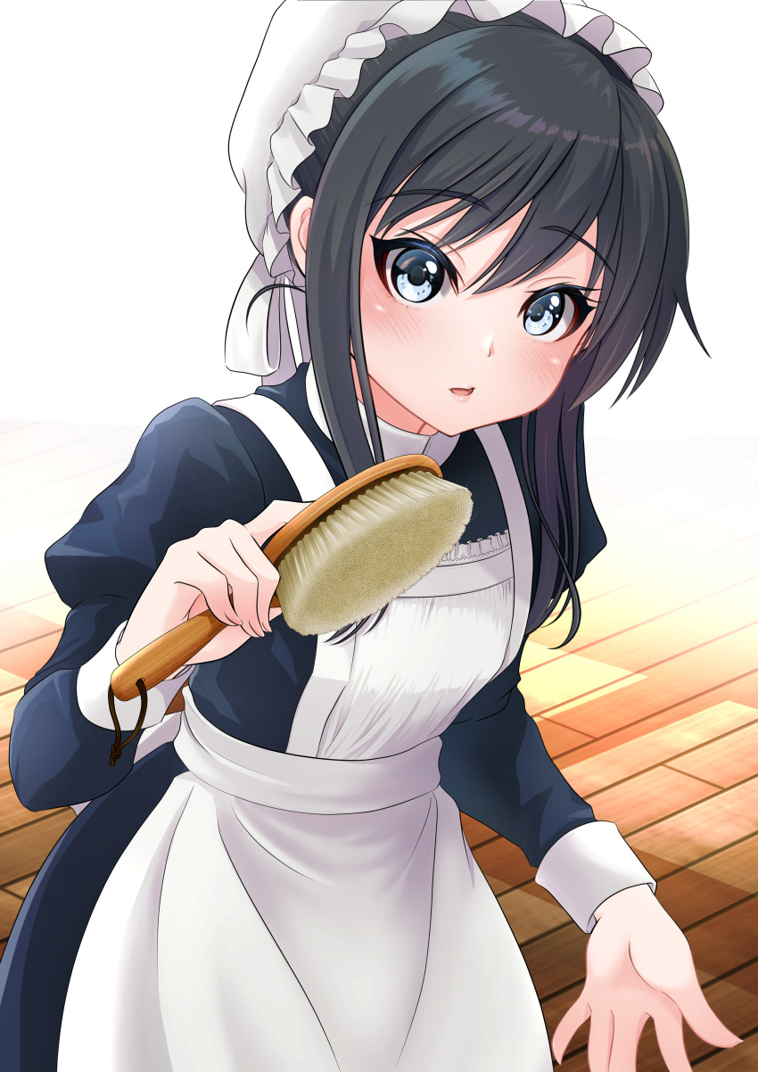 1girl absurdres alternate_costume apron asashio_(kancolle) black_dress black_hair blue_eyes blush breasts dress enmaided eyebrows_visible_through_hair floor frilled_apron frilled_dress frills hair_between_eyes hair_brush hat highres holding holding_brush indoors kantai_collection lips long_hair long_sleeves looking_at_viewer maid maid_apron makura_(user_jpmm5733) puffy_sleeves small_breasts solo waist_apron white_apron