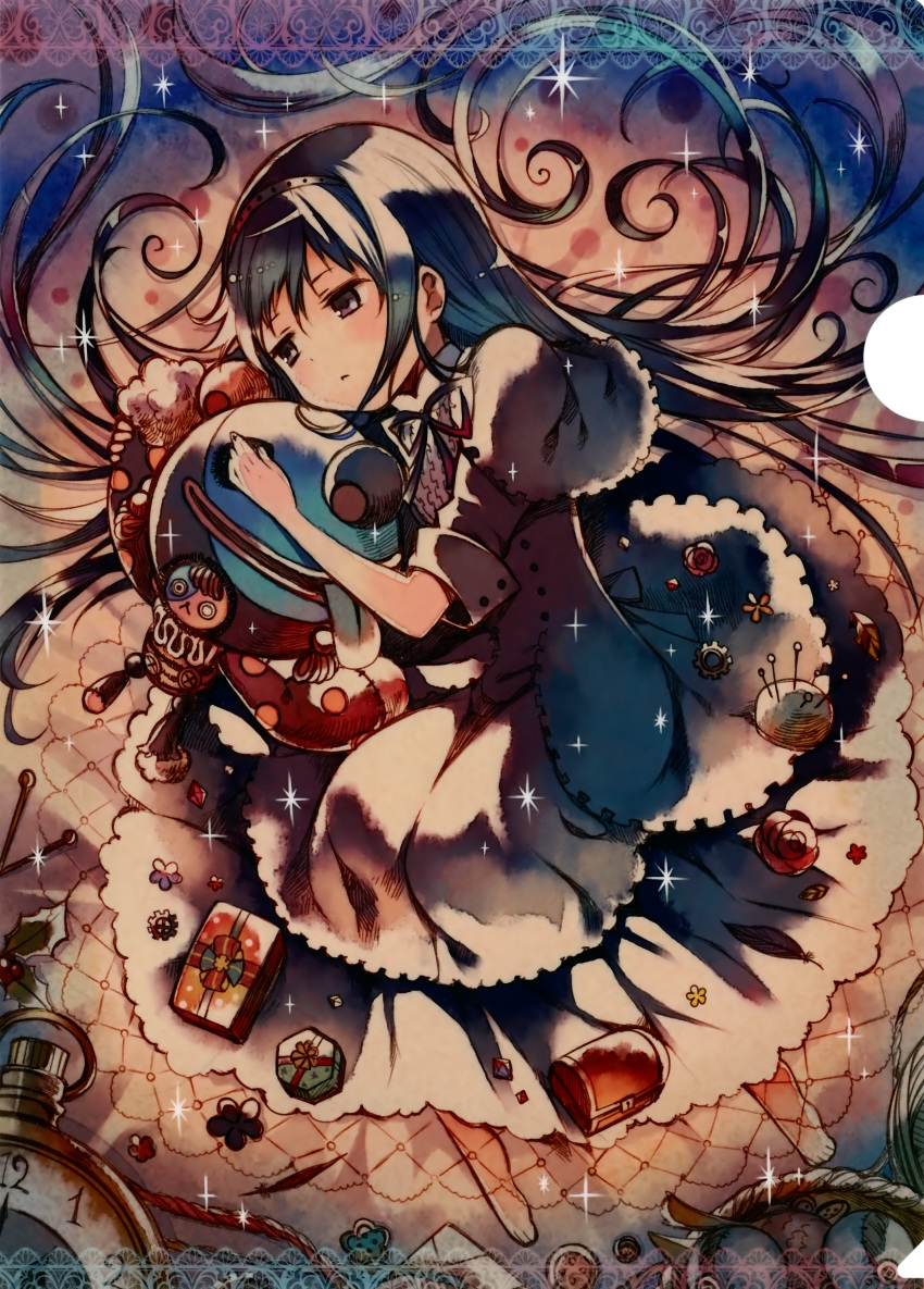 1girl :&lt; absurdly_long_hair absurdres akemi_homura barefoot black_hair box crystal dress feathers flower funeral_dress gears gift gift_box hairband hanokage highres leaf long_hair lying mahou_shoujo_madoka_magica mahou_shoujo_madoka_magica_movie nightmare_(madoka_magica) official_art pin_(object) pocket_watch ribbon ribbon-trimmed_clothes ribbon_trim rose scan solo sparkle spoilers very_long_hair violet_eyes watch