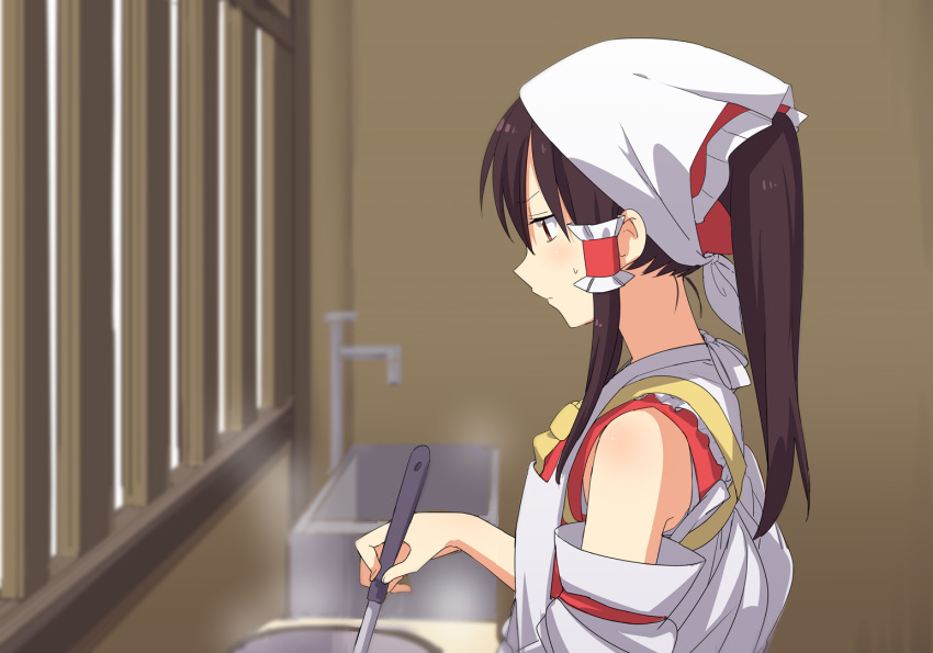 1girl alternate_hairstyle apron bow brown_hair cooking detached_sleeves hair_bow hair_tubes hakurei_reimu head_scarf kappougi kitchen leon_7 long_hair ponytail pot profile sipping solo stirring touhou