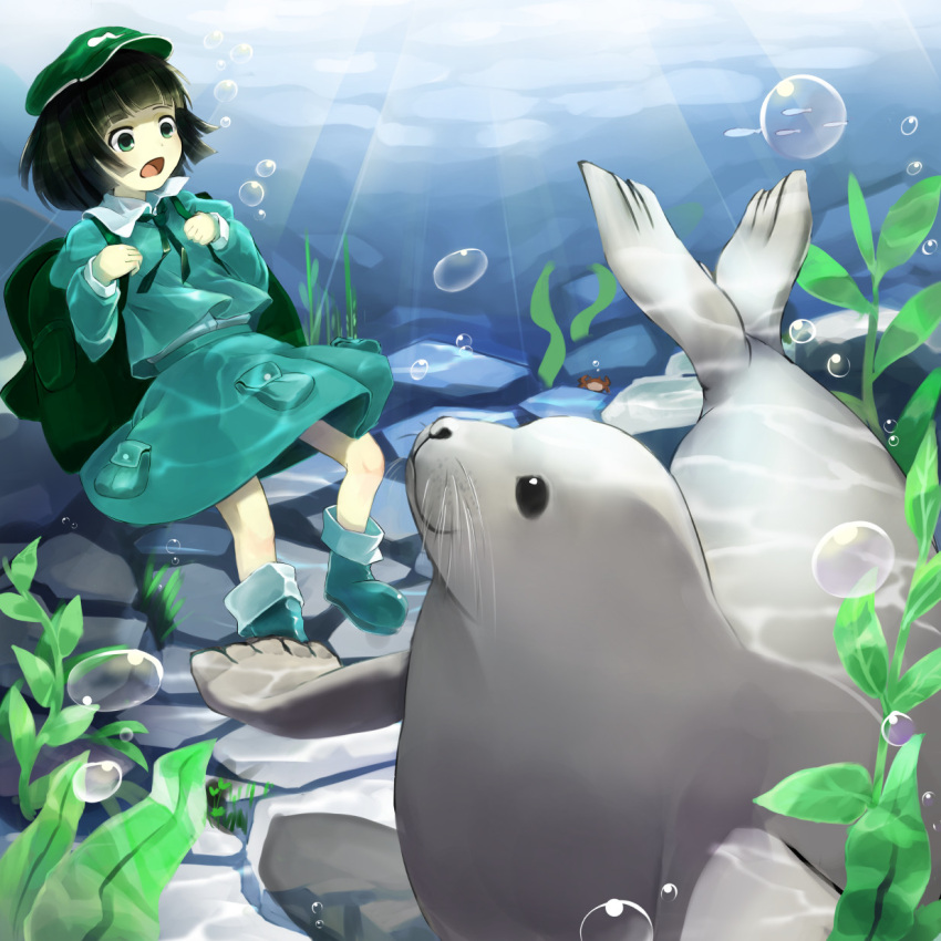 1girl air_bubble backpack bag black_hair boots crab dark_haired_kappa flat_cap green_eyes hat highres kappa_mob light_rays long_sleeves looking_down open_mouth piyodesu ribbon rock rubber_boots seal seaweed short_hair skirt skirt_set solo sunbeam sunlight touhou underwater wild_and_horned_hermit