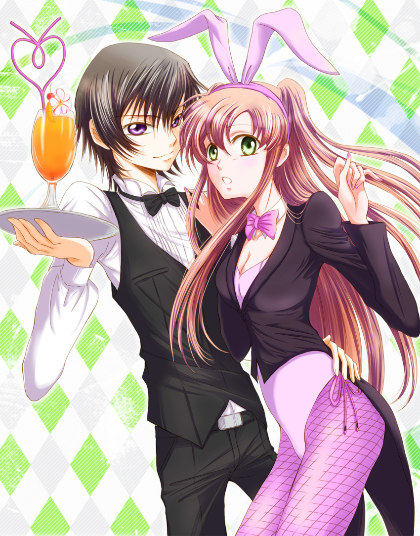1boy 1girl animal_ears black_hair breasts bunnysuit cleavage code_geass green_eyes grown_hair hand_on_another's_hip hand_on_another's_shoulder highres lelouch_lamperouge looking_at_viewer open_mouth rabbit_ears shirley_fenette smile violet_eyes