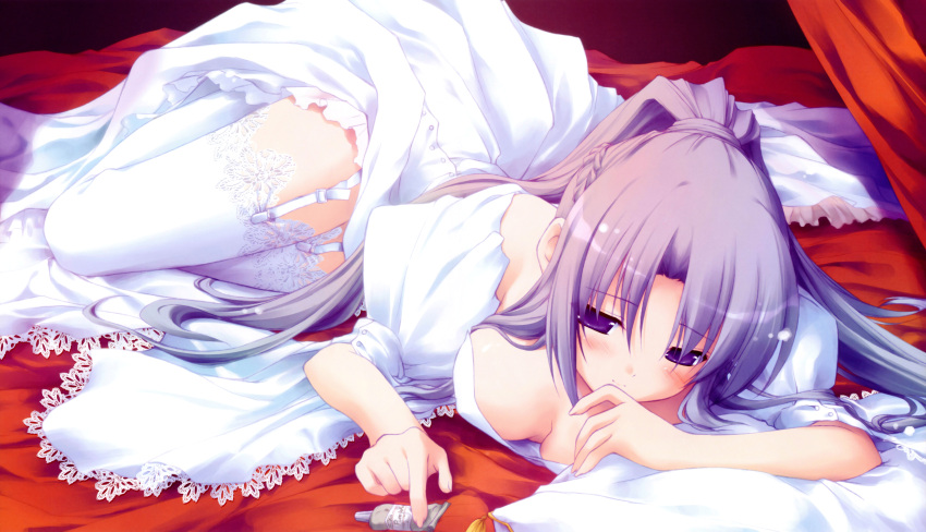 1girl absurdres bed blush braid breasts canvas_2 chikotam cleavage curtains dress frills garter_straps highres lace lace-trimmed_dress lace-trimmed_thighhighs large_breasts lingerie long_hair lying paint_tube pillow ponytail puffy_sleeves purple_hair saginomiya_saya scan short_sleeves smile solo tassel thigh-highs underwear very_long_hair violet_eyes wedding_dress white_dress white_legwear