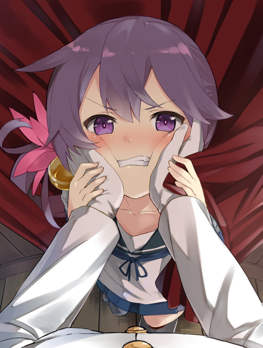 1boy 1girl admiral_(kantai_collection) against_wall akebono_(kantai_collection) annoyed bangs bell blush buttons cheek_squash clenched_teeth collarbone curtains flower from_above gloves hair_bell hair_flower hair_ornament hand_grab hands_on_another's_cheeks hands_on_another's_face highres jacket kantai_collection long_hair long_sleeves looking_at_viewer max_melon_teitoku nose_blush out_of_frame petite pov purple_hair school_uniform serafuku side_ponytail solo_focus violet_eyes white_gloves white_jacket wooden_floor