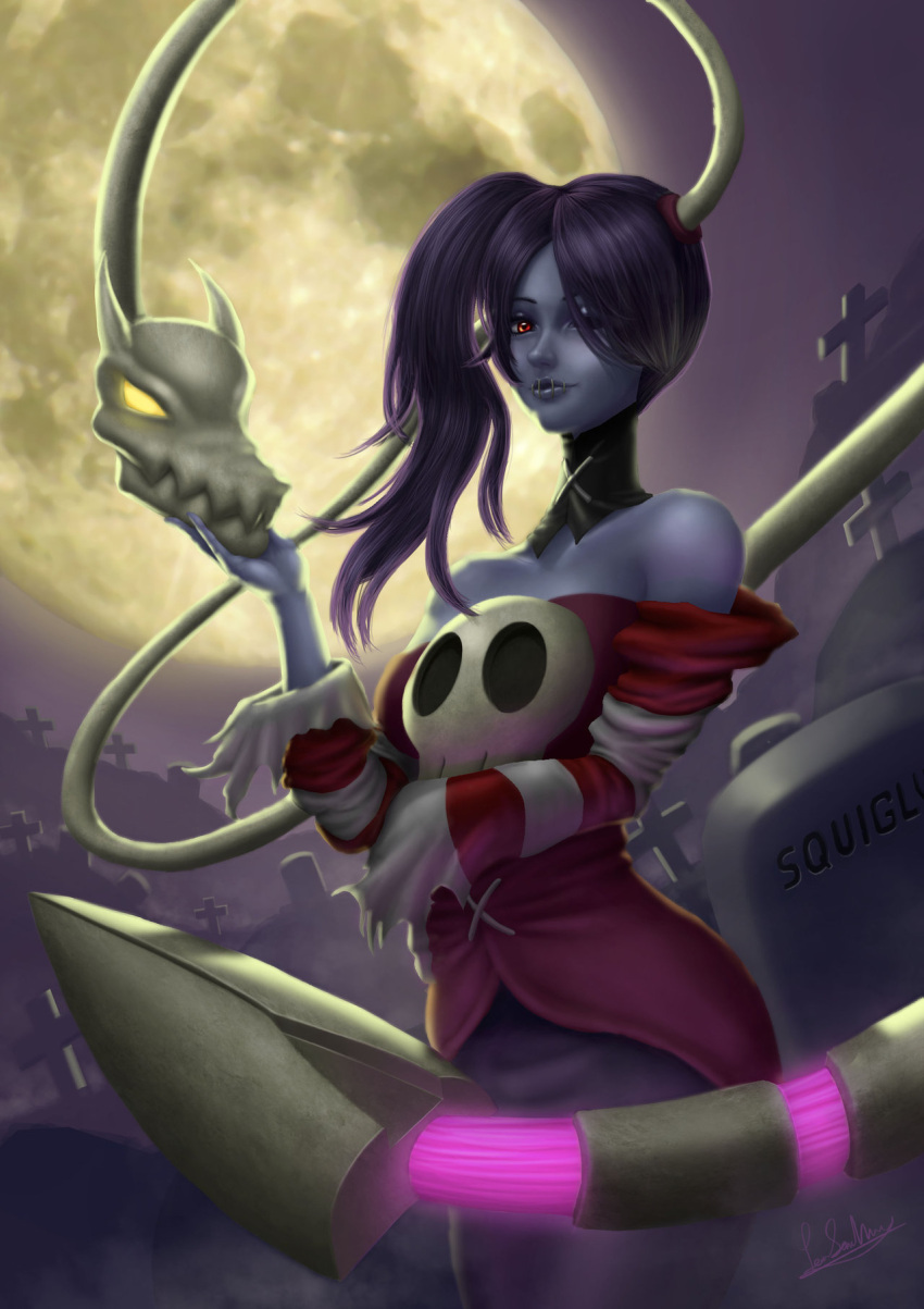 1boy 1girl bare_shoulders blue_hair blue_skin breasts detached_collar detached_sleeves hair_over_one_eye highres leviathan_(skullgirls) moon red_eyes side_ponytail skirt skull skullgirls sm-a squigly_(skullgirls) stitched_mouth striped_sleeves zombie