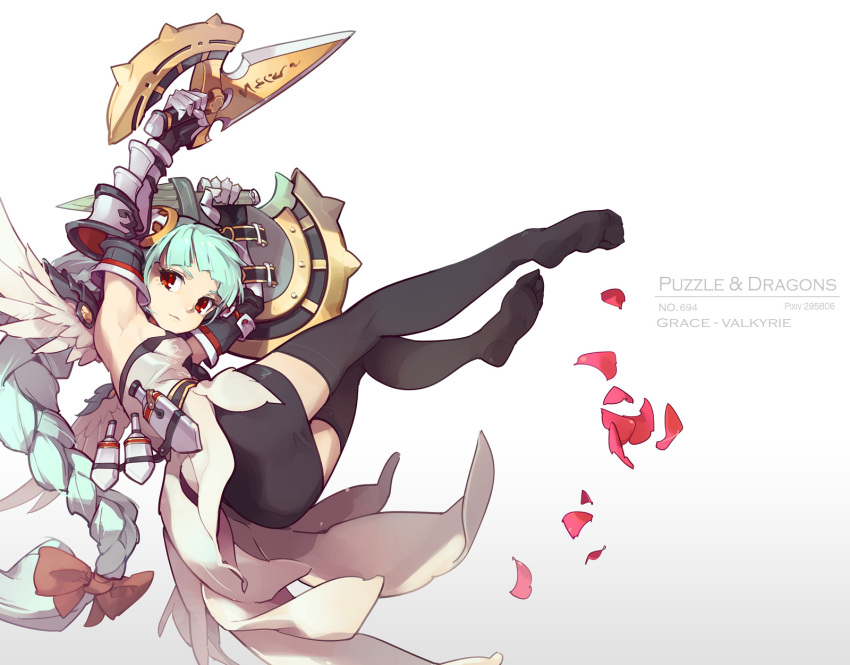 1girl arm_up armor armpits ass bow braid breasts cape character_name gauntlets green_hair highres long_hair looking_at_viewer petals puzzle_&amp;_dragons red_eyes skirt solo tennohi thigh-highs valkyrie_(p&amp;d) weapon zettai_ryouiki