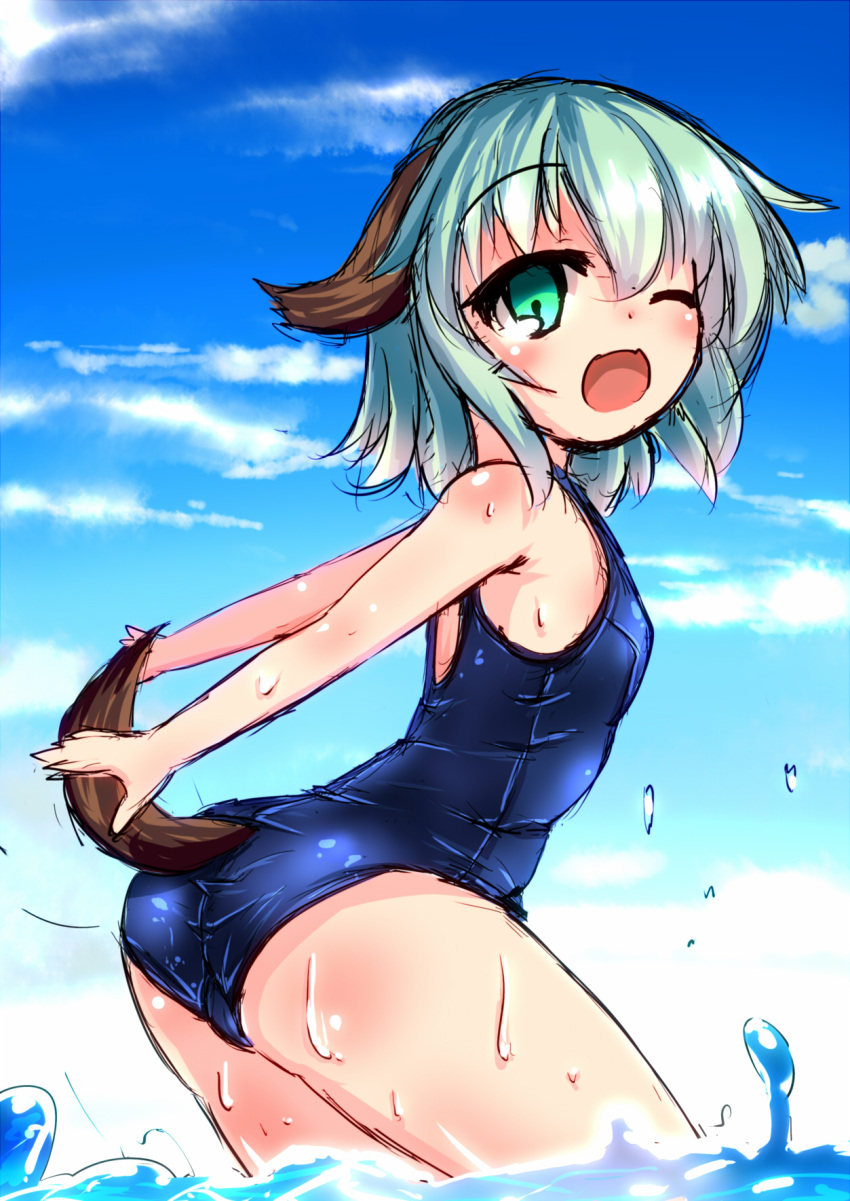1girl ;d animal_ears ass blush cowboy_shot dog_ears dog_tail green_eyes green_hair highres karasuma_amiru kasodani_kyouko looking_at_viewer one_eye_closed open_mouth school_swimsuit small_breasts smile solo swimsuit tail thighs touhou wet