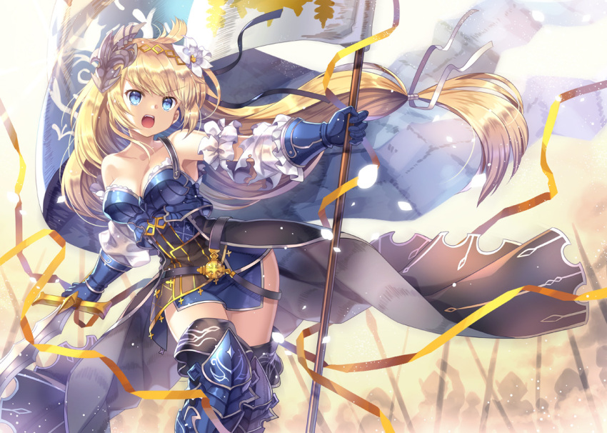 1girl armor armored_dress banner bare_shoulders blonde_hair blue_eyes boots breasts capura_lin cleavage detached_sleeves flower gauntlets granblue_fantasy greaves hair_flower hair_ornament hair_ribbon large_breasts long_hair open_mouth ribbon solo sword thigh-highs thigh_boots very_long_hair weapon